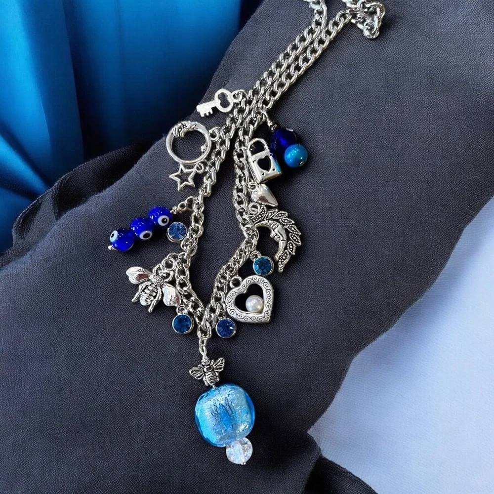 Fun and Pretty Silver and Blue Toned Charm Necklace Vintage and New Charms